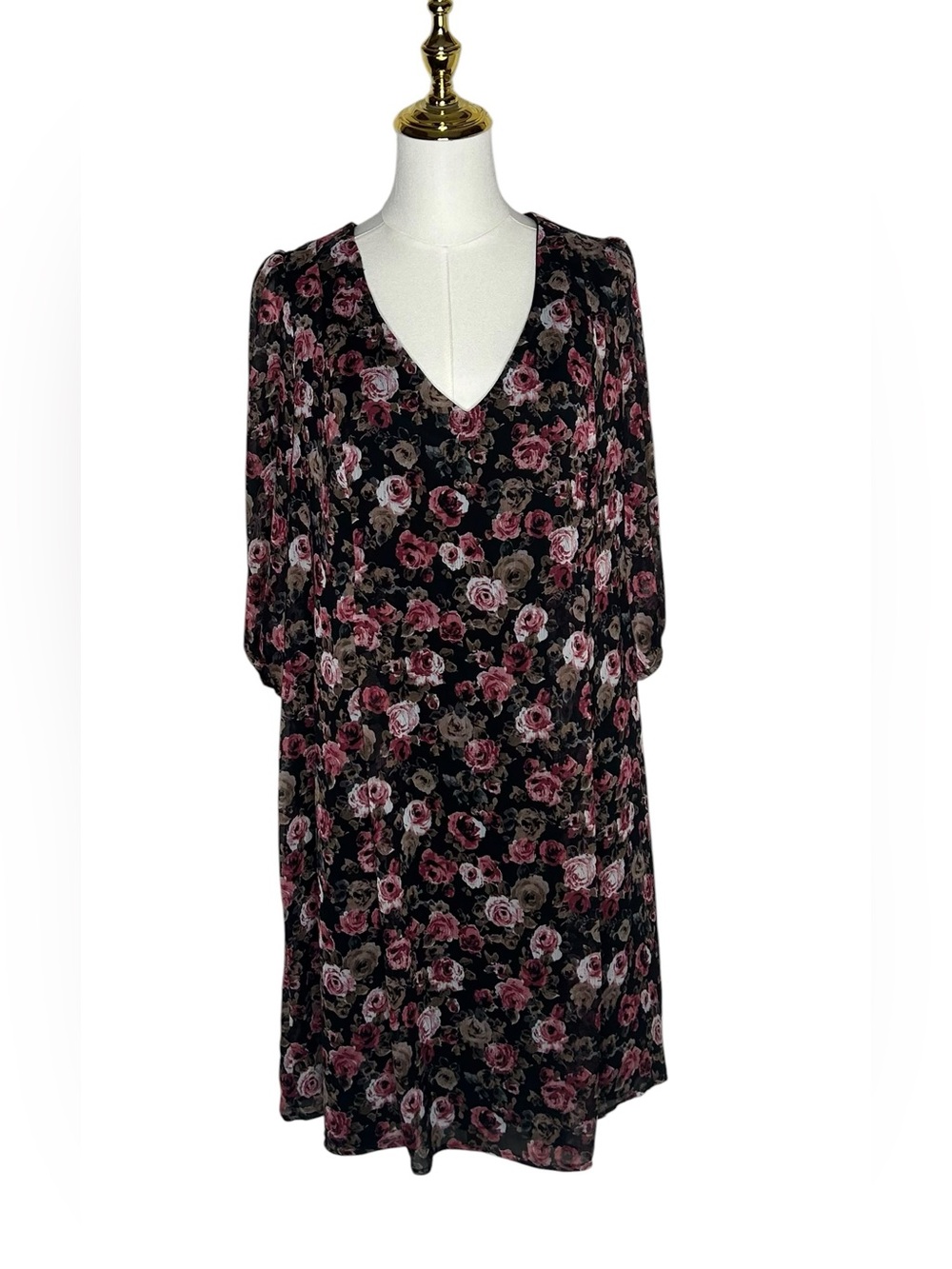 connected apparel Whimsigoth Black Floral V-Neck Midi Dress Sz 14 Dark Romantic